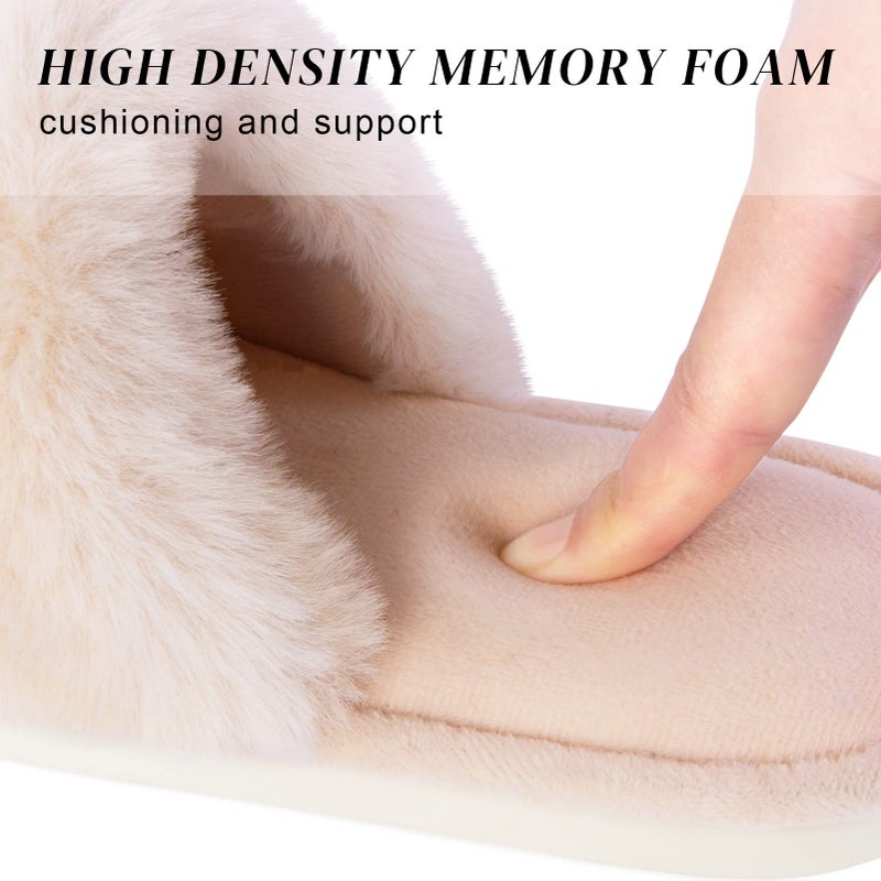 Parlovable Women's Faux Fur Slippers Fuzzy Flat Spa Fluffy Open Toe House Shoes Indoor Outdoor Slip on Memory Foam Slide Sandals Beige 9-10 - Image 5